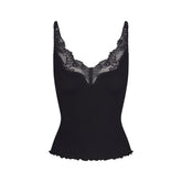 RIB KNIT LACE CAMI | OBSIDIAN