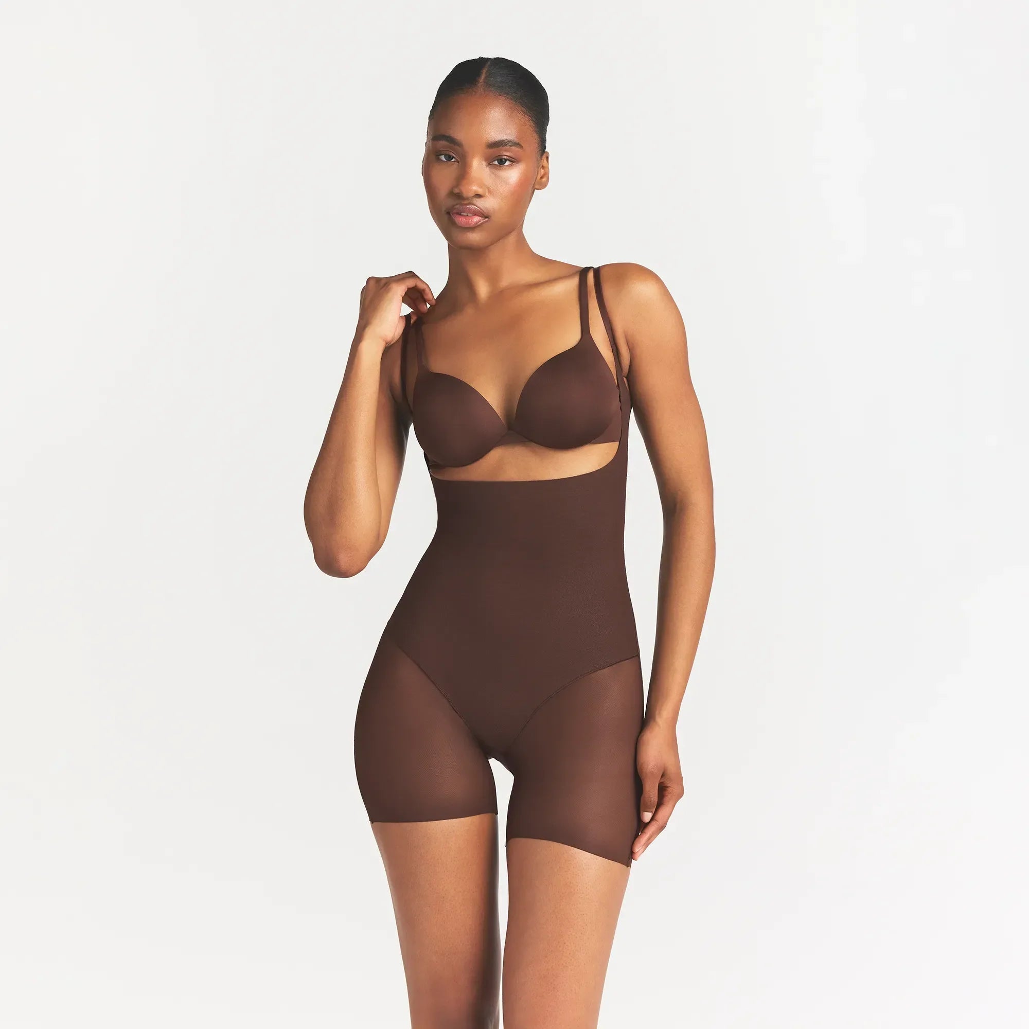 SKIMS BODY CORE SCULPT BACK SMOOTHING OPEN BUST MID THIGH BODYSUIT | COCOA