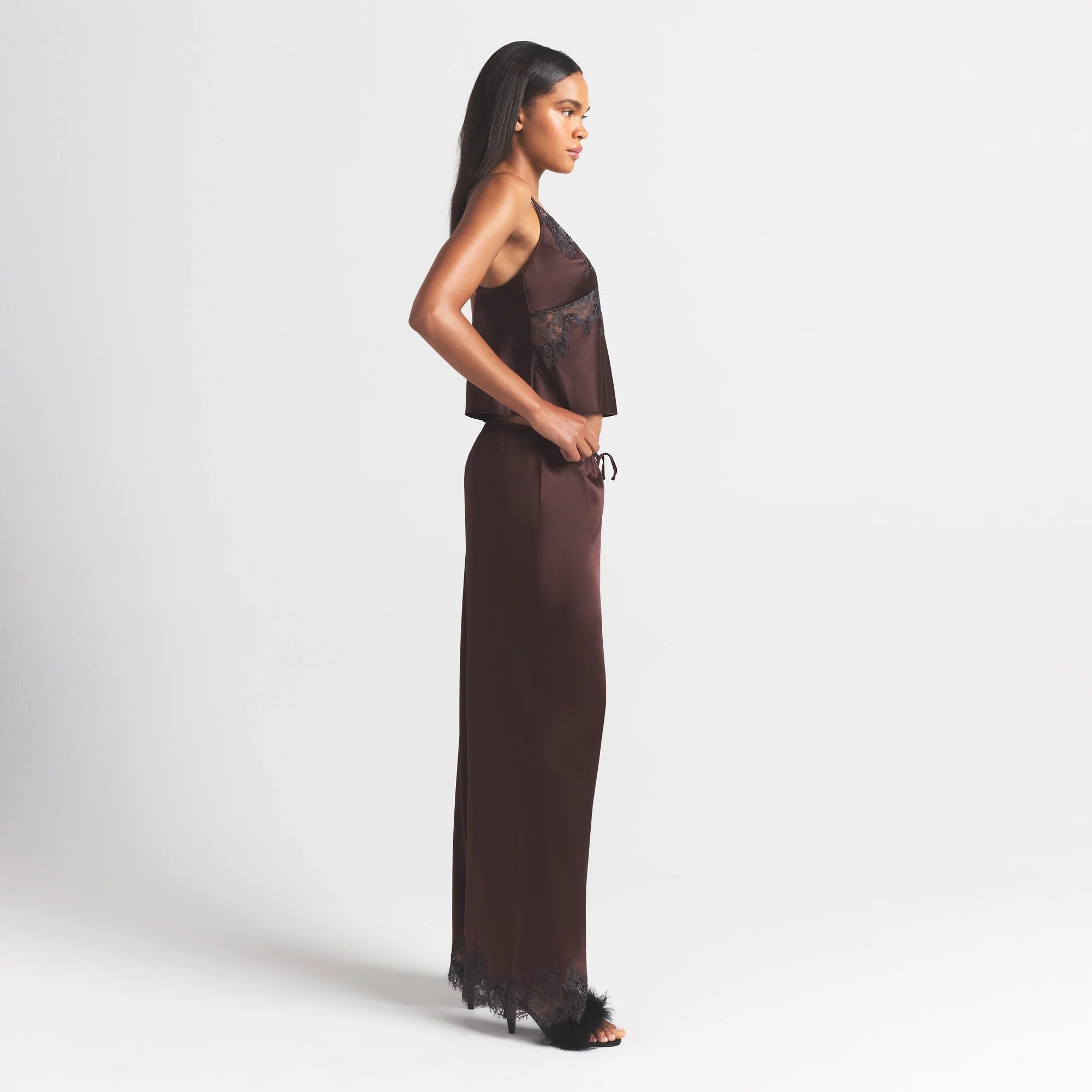 SILK LACE STRAIGHT LEG PANT | ESPRESSO CONTRAST