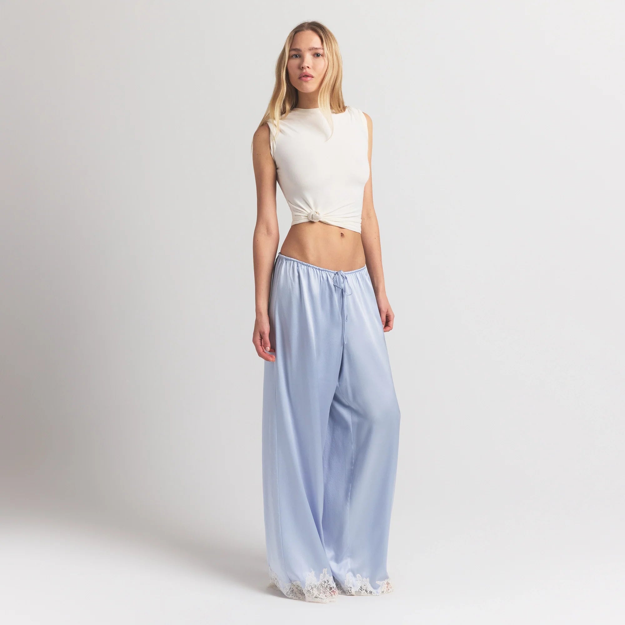 SILK LACE STRAIGHT LEG PANT | PERIWINKLE CONTRAST
