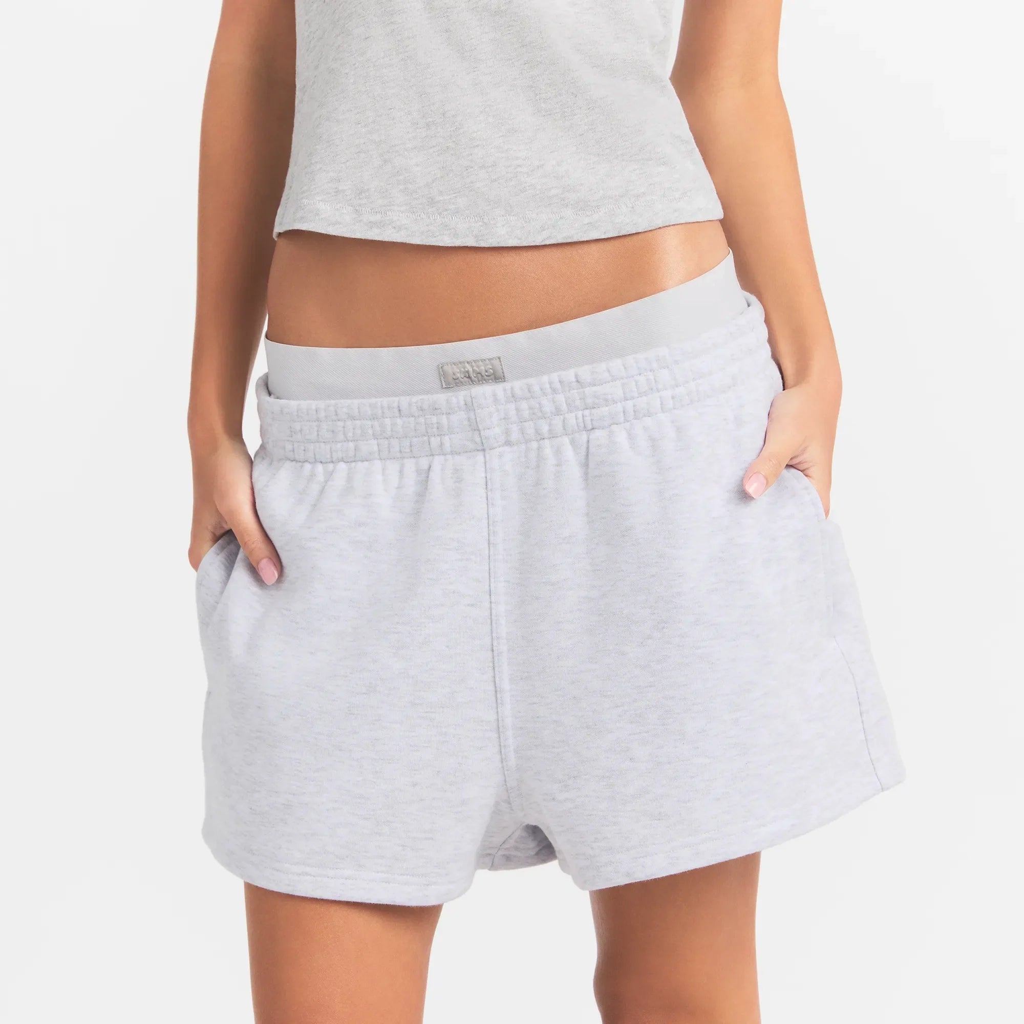 COTTON FLEECE DOUBLE WAISTBAND SHORT | LIGHT HEATHER GREY