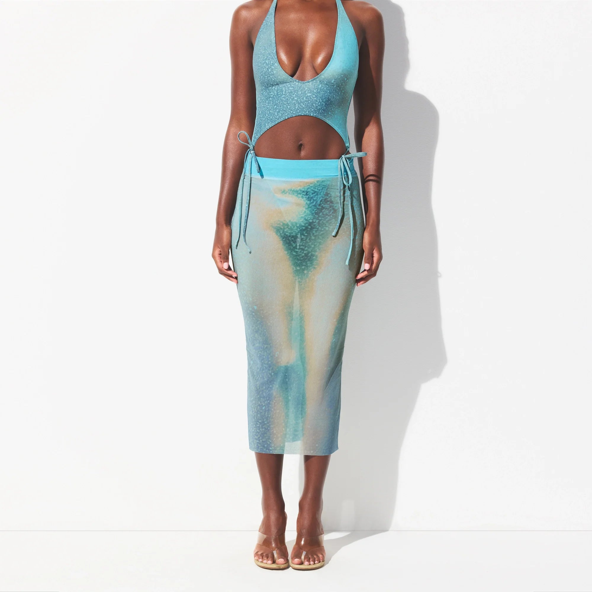 MESH COVER-UPS MIDI SKIRT | CYAN FK BODY PRINT