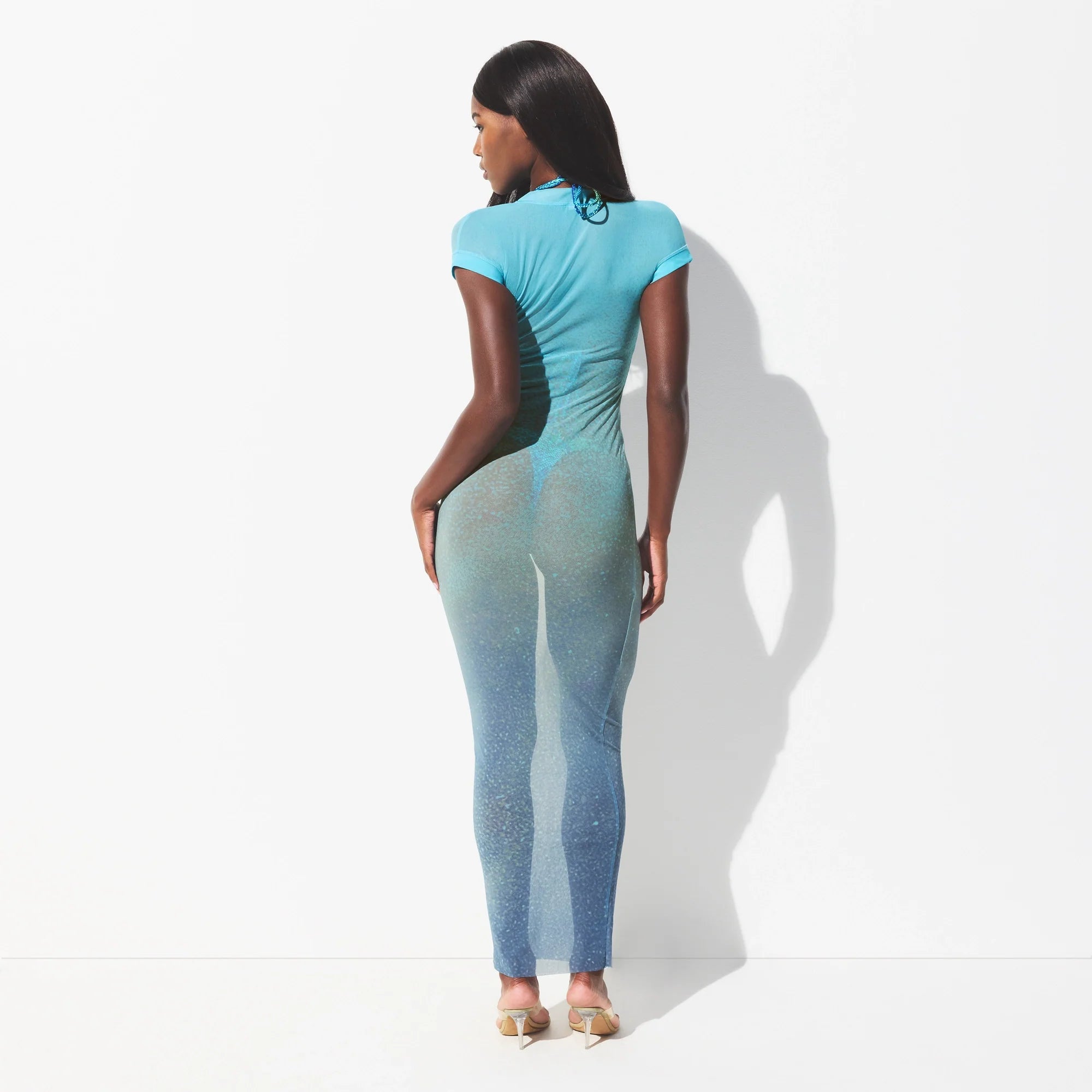 MESH COVER-UPS LONG DRESS | CYAN FK BODY PRINT