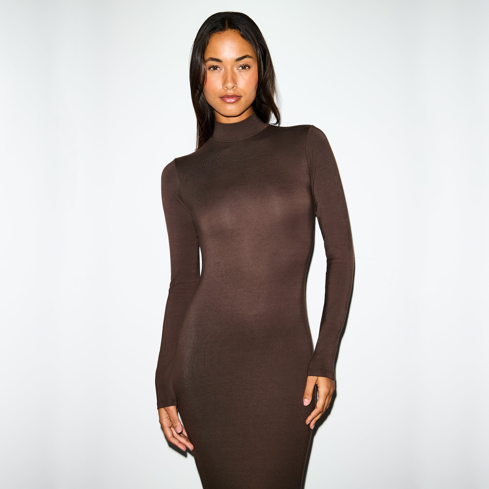 SMOOTH LAYERS TURTLENECK LONG DRESS | ESPRESSO