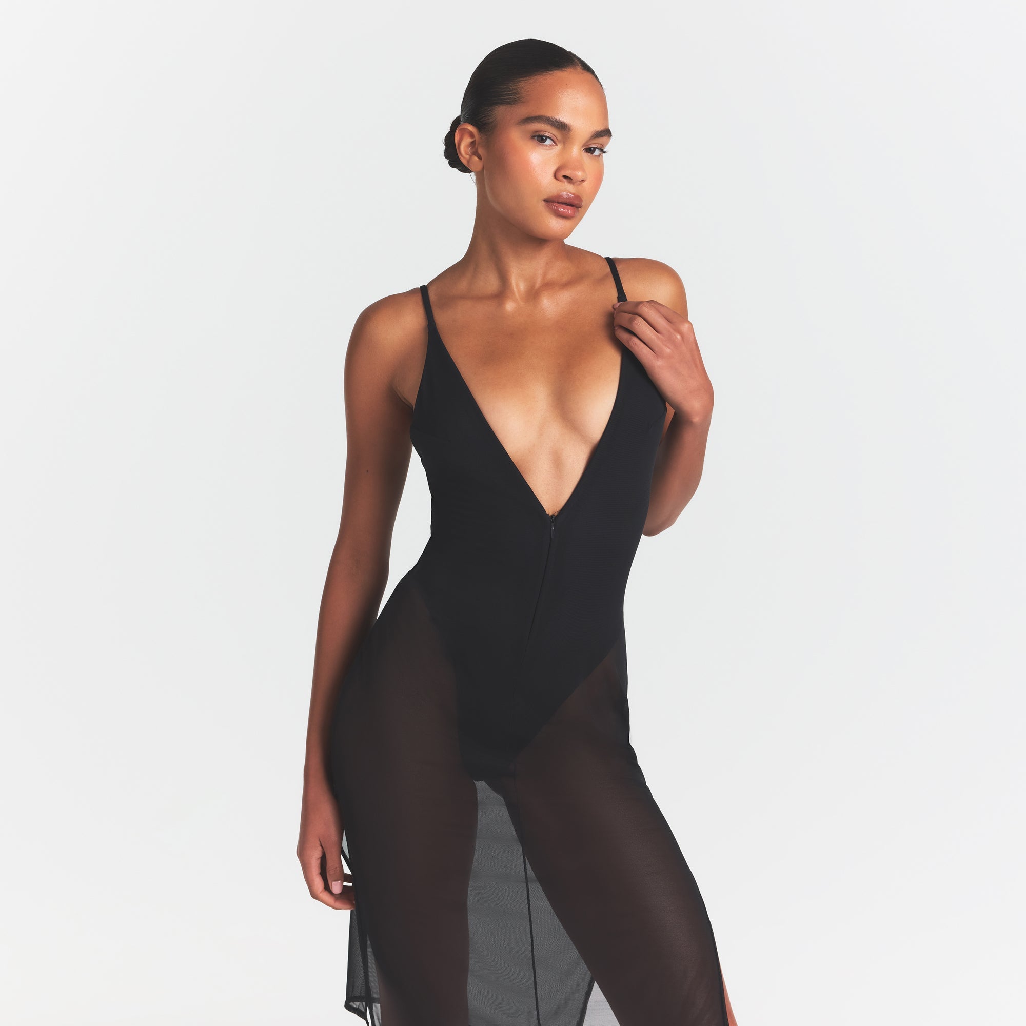 SKIMS BODY MESH PLUNGE MIDI DRESS | ONYX
