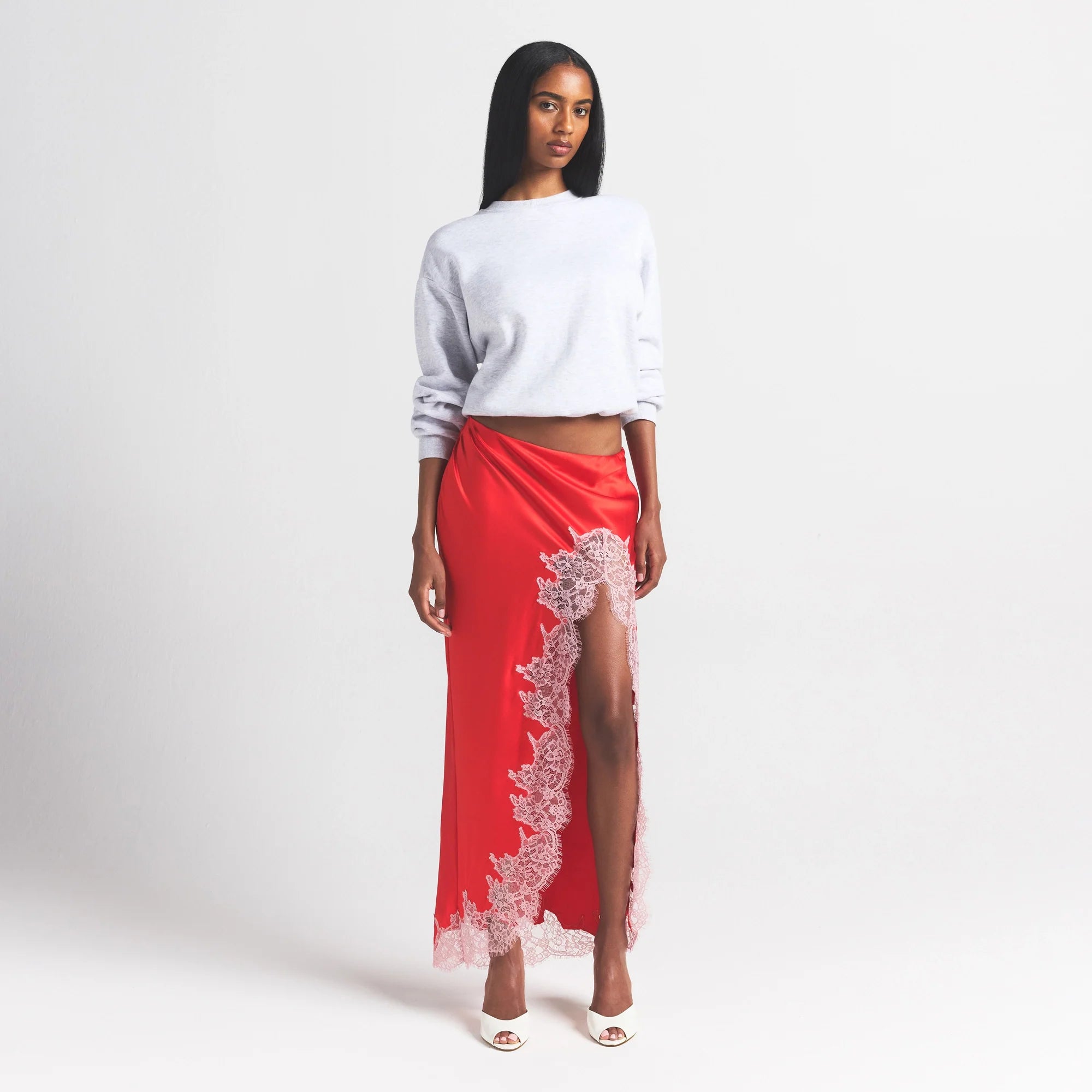 SILK LACE SLIP MIDI SKIRT | RUBY CONTRAST