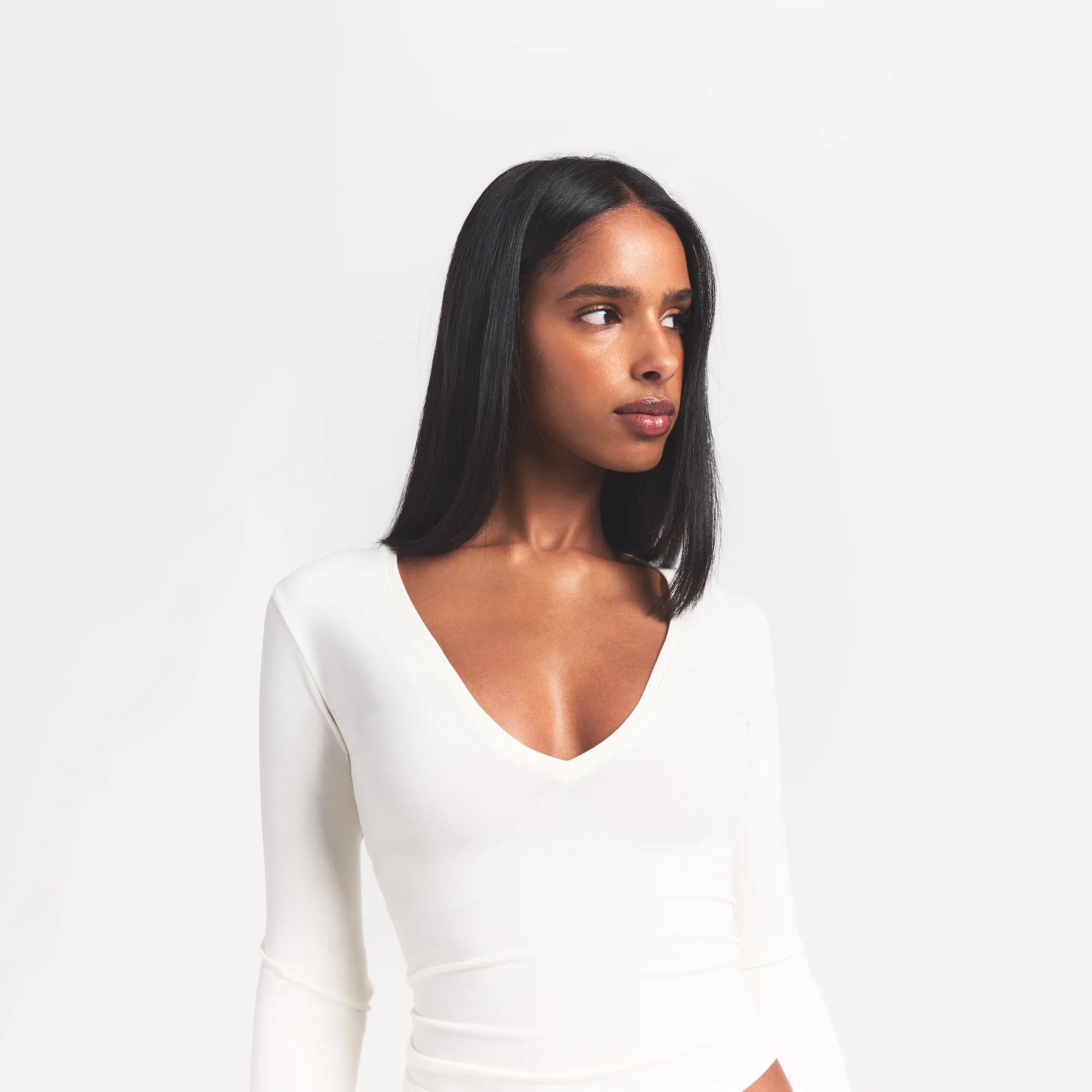 COTTON JERSEY LONG SLEEVE PLUNGE TOP | MARBLE