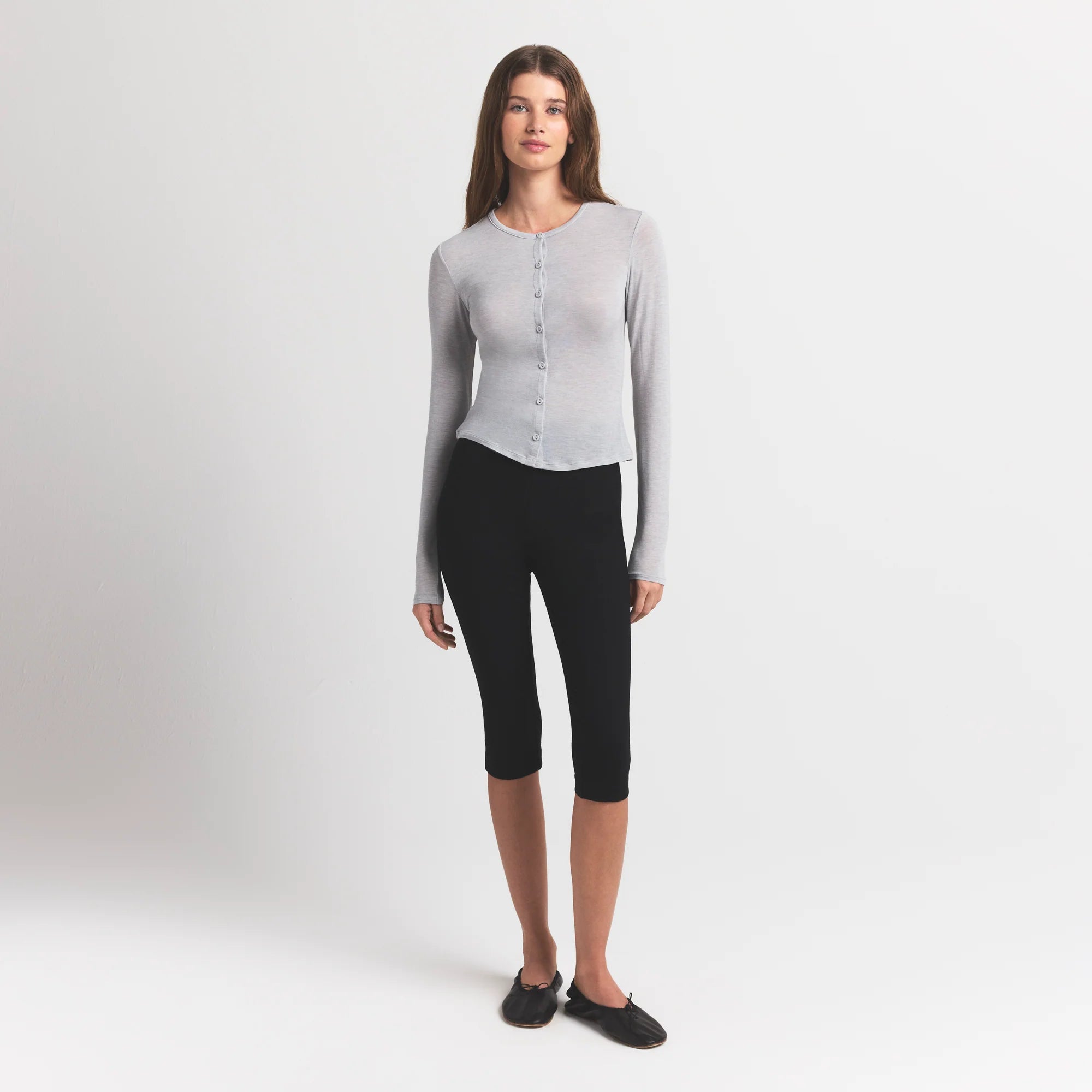 SHEER MODAL CARDIGAN WITH COVERED BUTTONS | HEATHER GREY