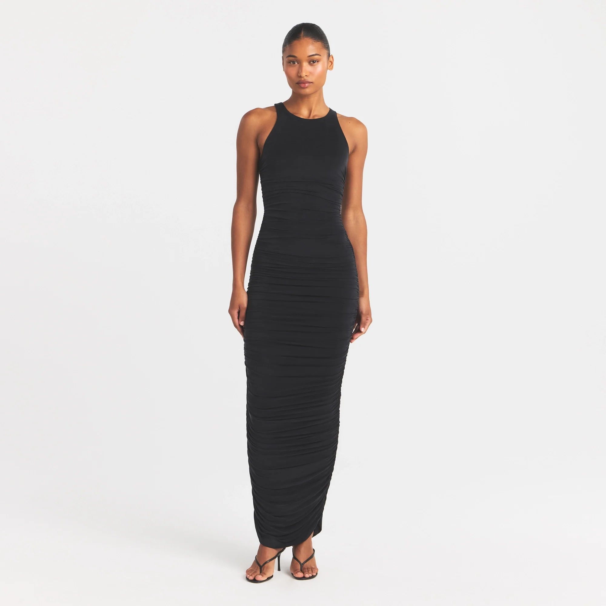 CUPRO JERSEY RUCHED LONG DRESS | OBSIDIAN