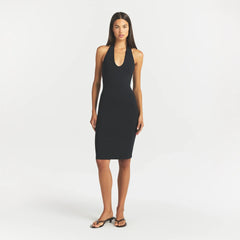 SMOOTH LAYERS PLUNGE HALTER MIDI DRESS | OBSIDIAN