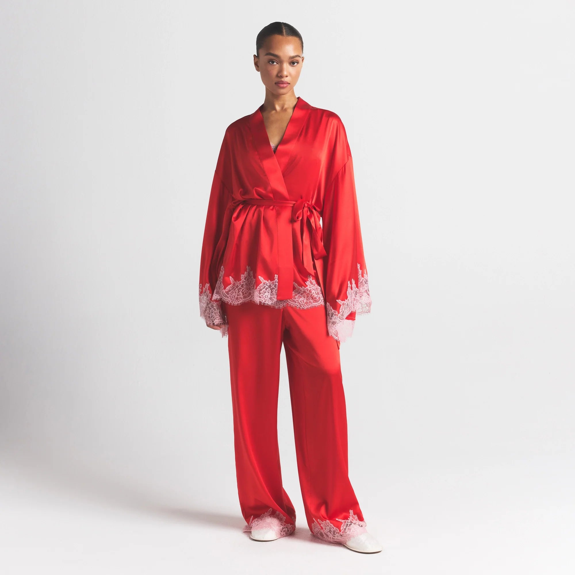 SILK LACE ROBE | RUBY CONTRAST