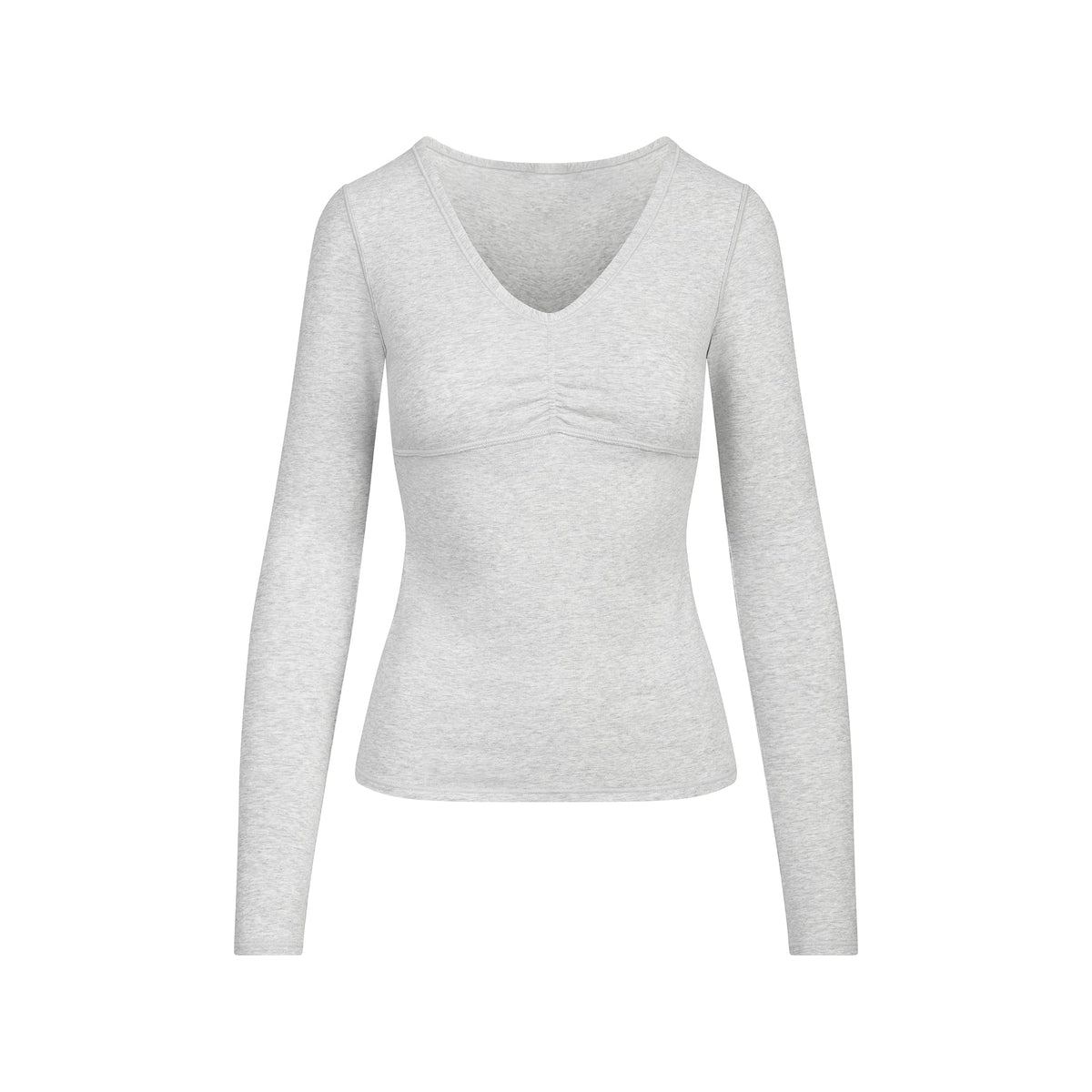 COTTON JERSEY SHIRRED BUST LONG SLEEVE | LIGHT HEATHER GREY