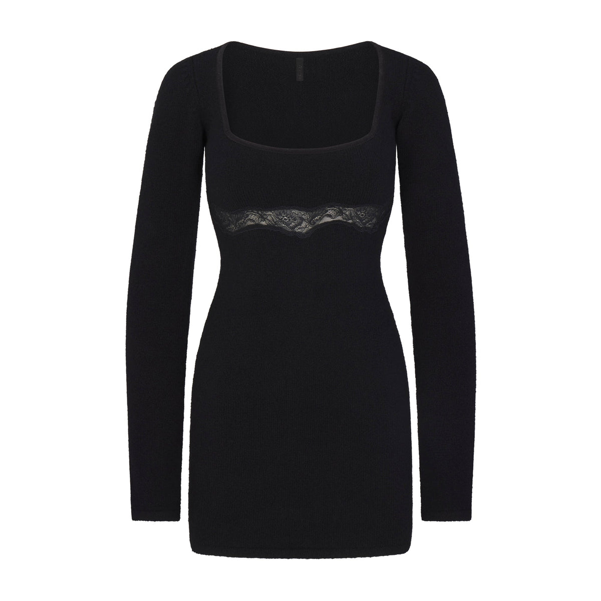 LACE KNIT LONG SLEEVE MINI DRESS | OBSIDIAN