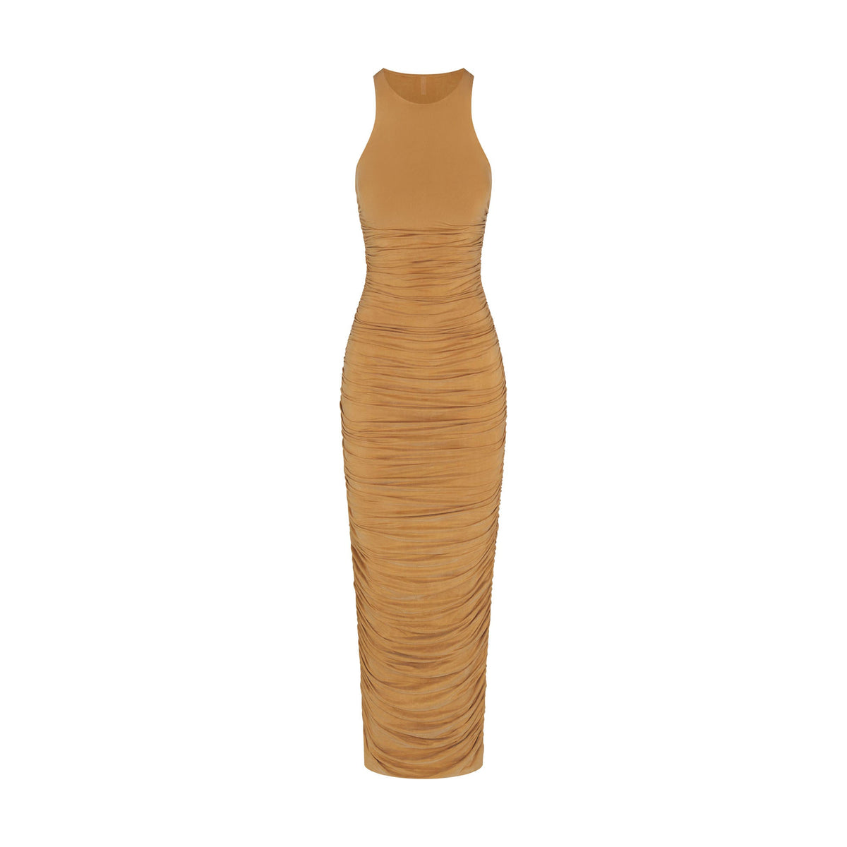 CUPRO JERSEY RUCHED LONG DRESS | ALMOND