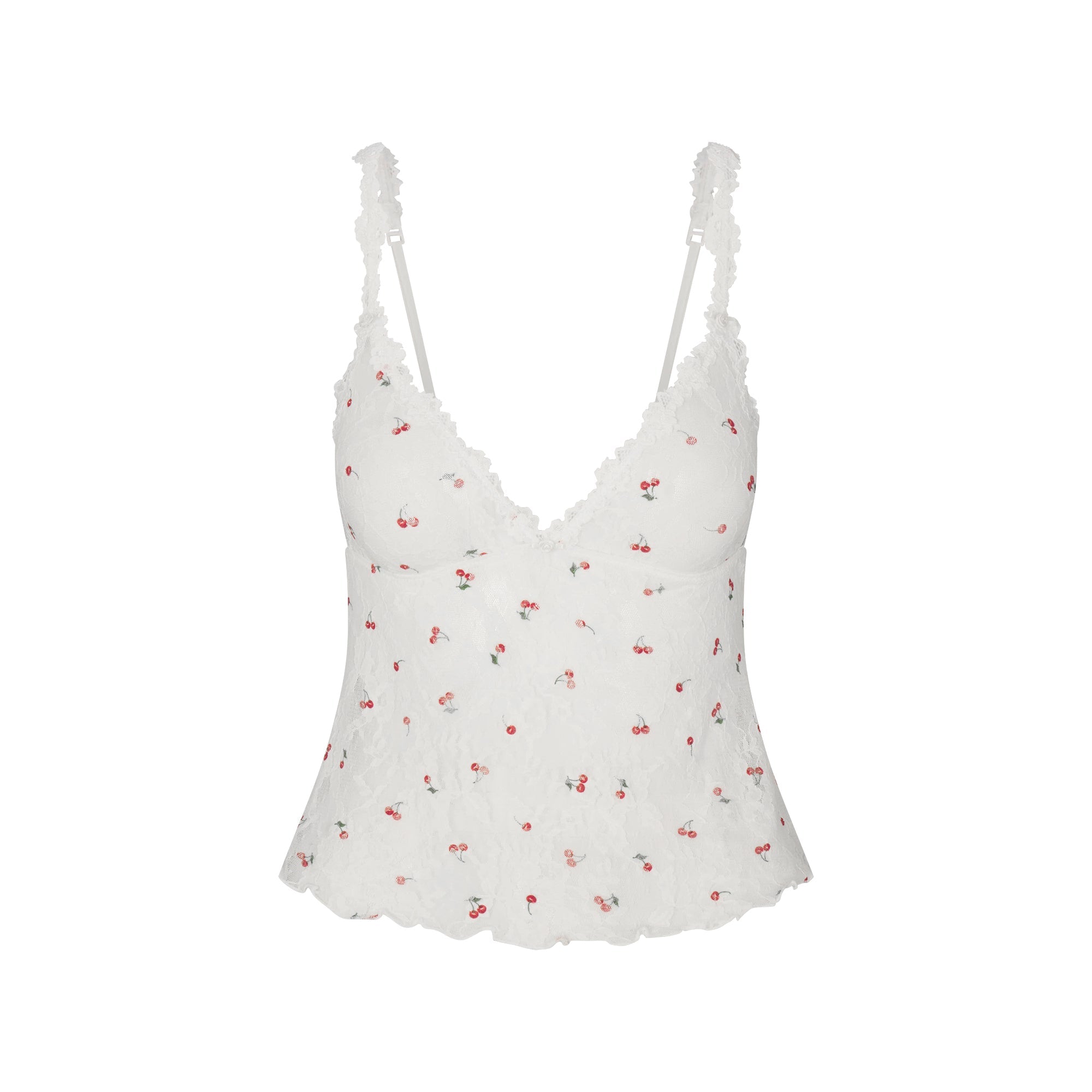 STRETCH LACE TRIANGLE CAMI AND SHORT SET | IVORY CHERRY PRINT