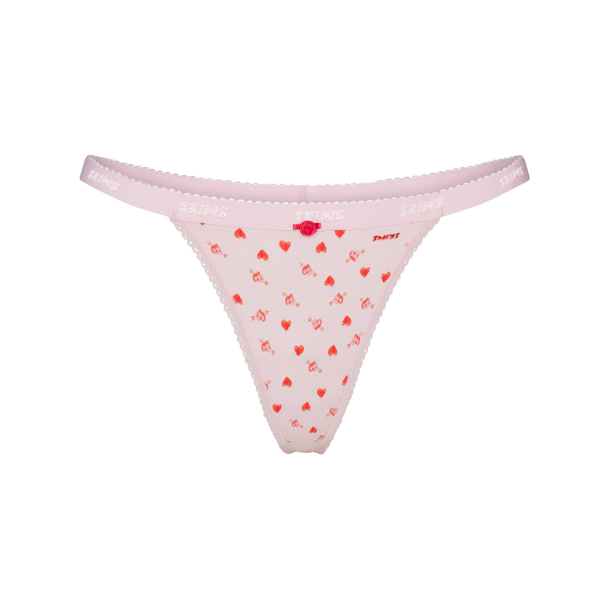 LIGHTWEIGHT COTTON LOGO PICOT THONG | BABY PINK ARROWED HEARTS