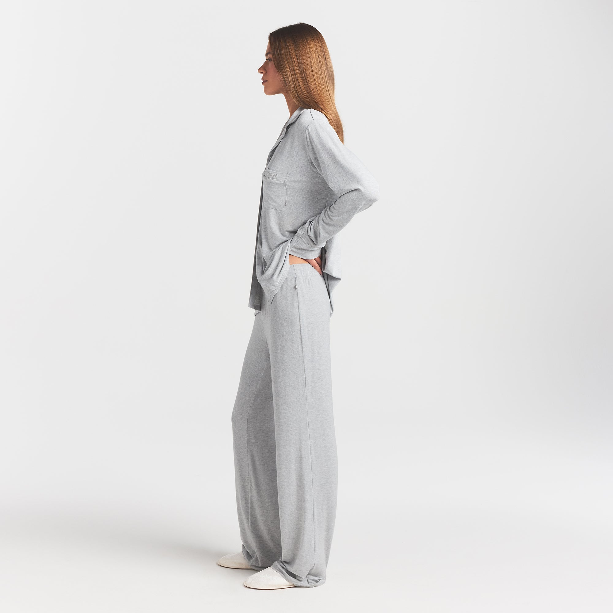 SKIMS SLEEP LONG SLEEVE BUTTON UP SET | LIGHT HEATHER GREY