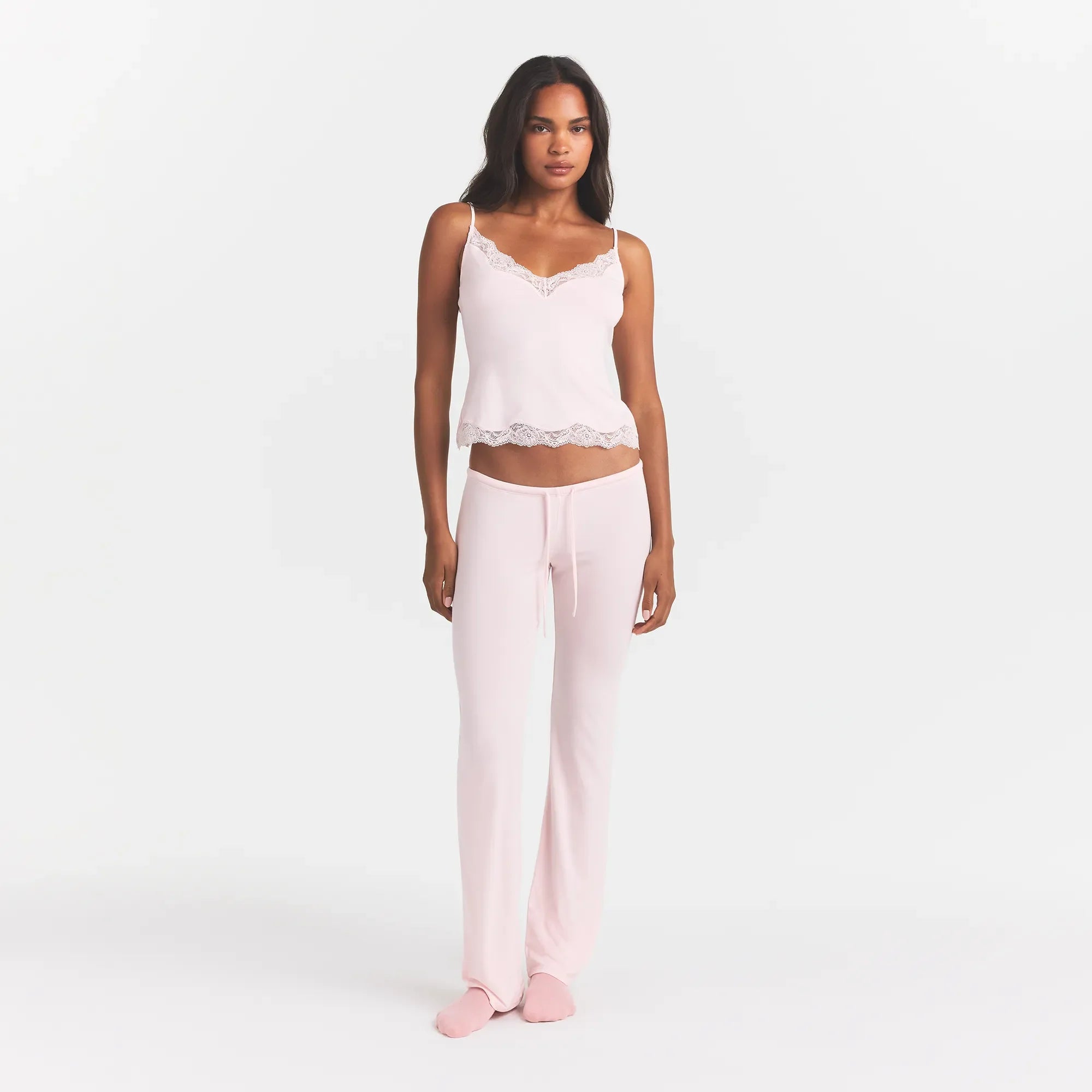SKIMS SLEEP LACE CAMI AND PANT SET | BARELY PINK