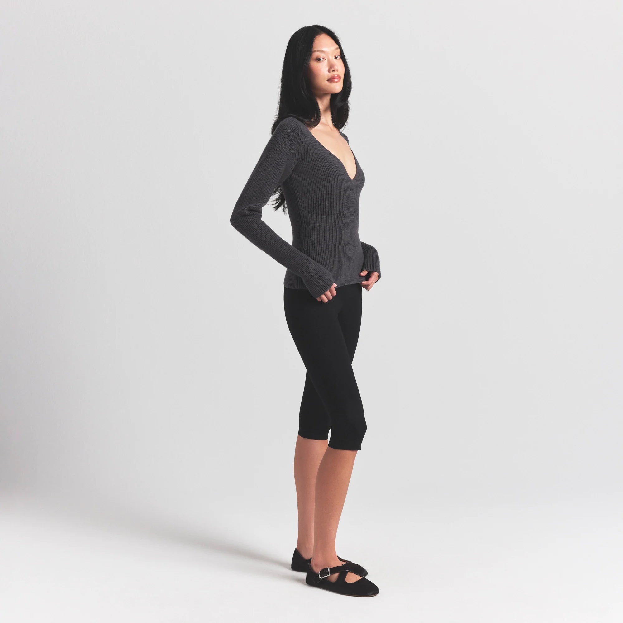 SWEATER KNITS RIBBED LONG SLEEVE TOP | ASH