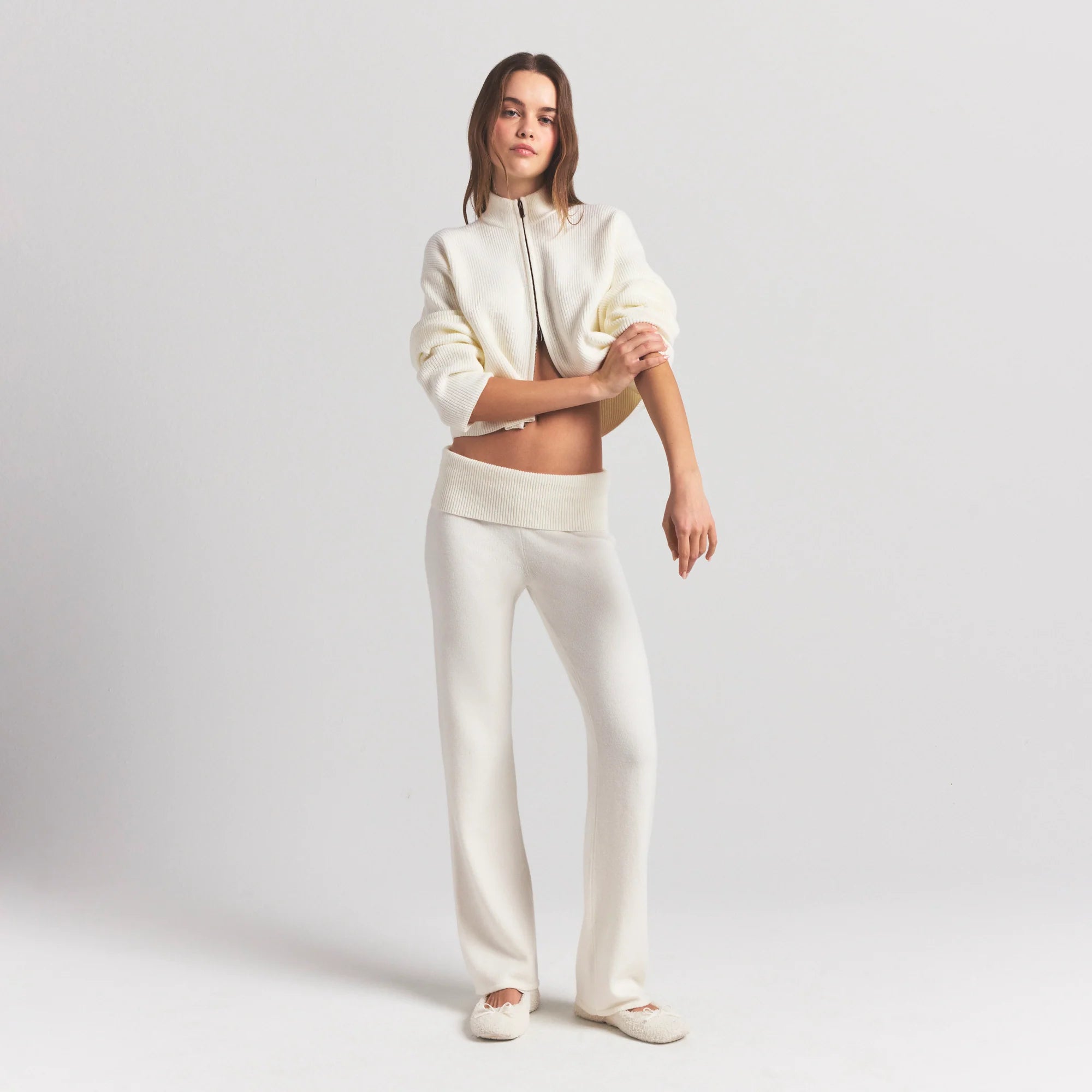 SWEATER KNITS RIBBED MOCK NECK ZIP UP | IVORY
