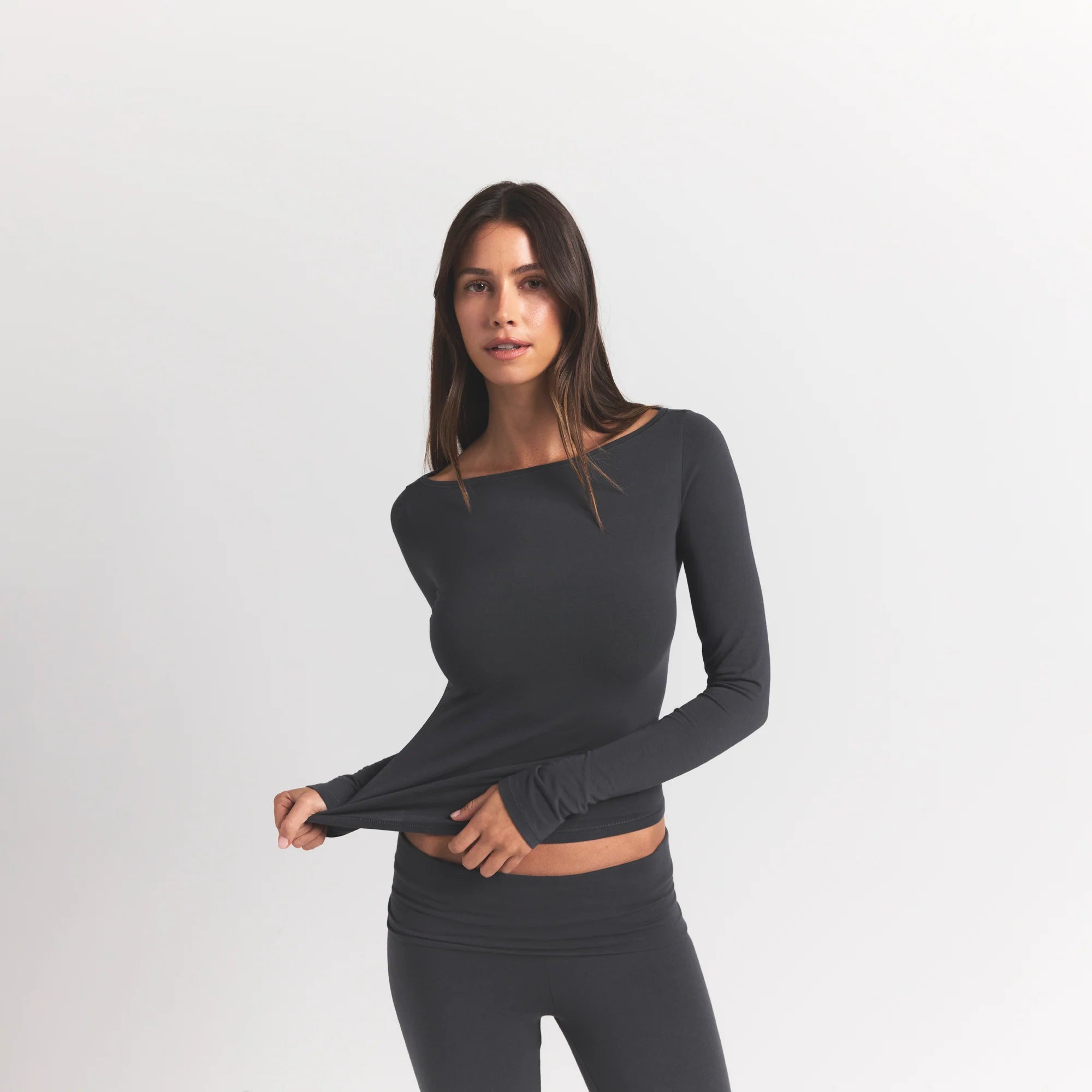 COTTON JERSEY LONG SLEEVE BOATNECK TOP | ASH