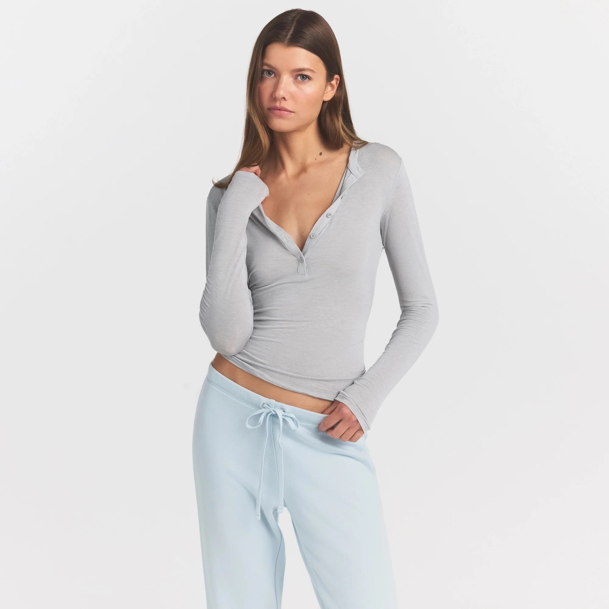 SHEER MODAL CREWNECK HENLEY | HEATHER GREY