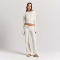SWEATER KNITS RIBBED LONG SLEEVE FITTED CREW NECK | IVORY