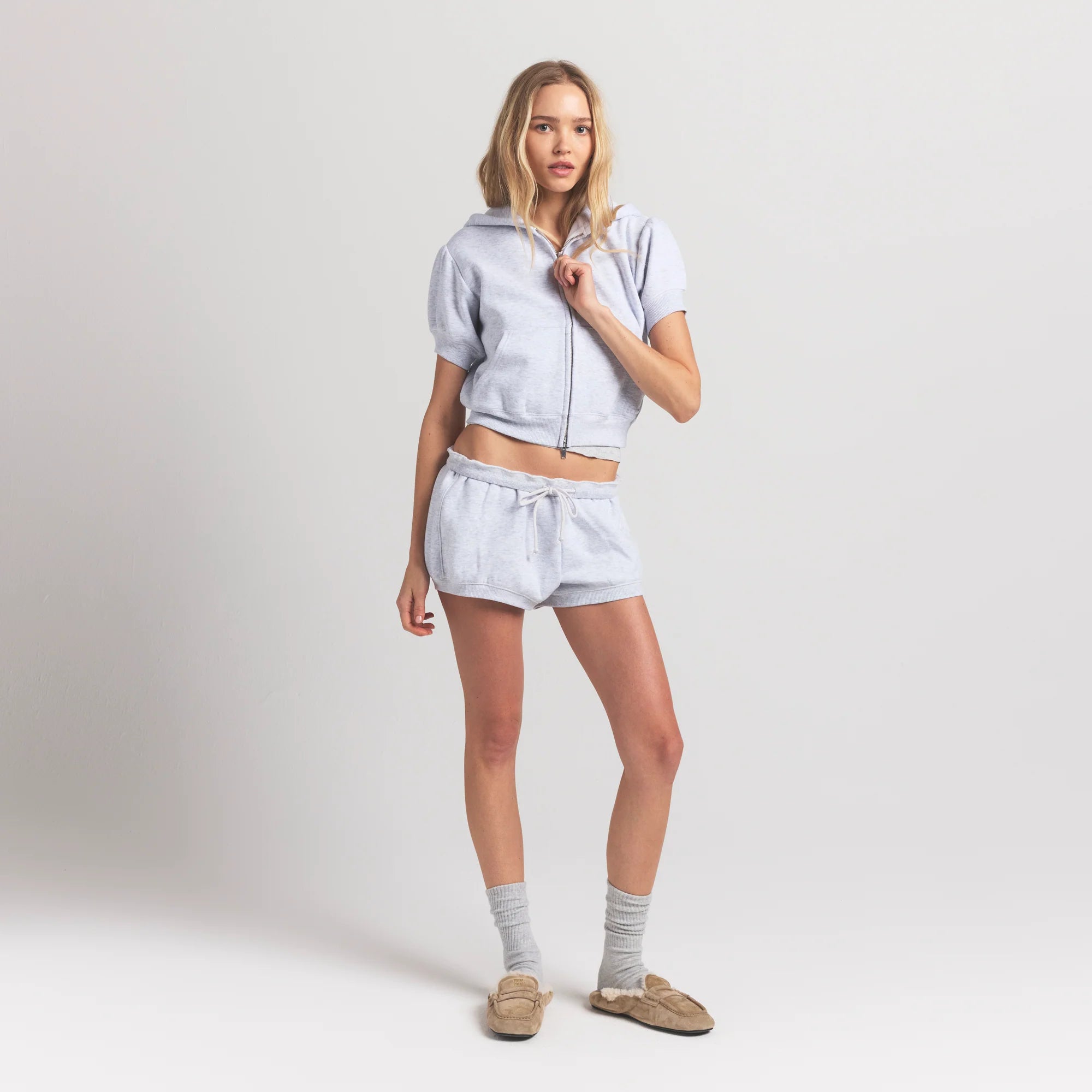 COTTON FLEECE BUBBLE SLEEVE CROPPED ZIP UP | LIGHT HEATHER GREY